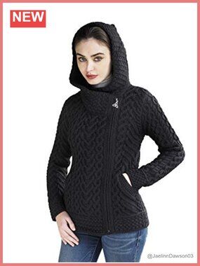 Aran Crafts Merino Wool Hooded Cardigan Side Zip Irish Knit Sweater